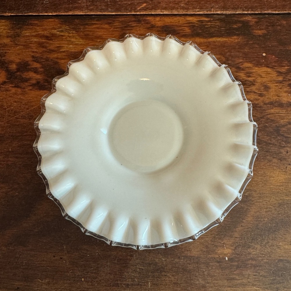 Vintage Fenton Milk Glass Silver Crest Ruffled Edge Condiment Dish Plate‎ White